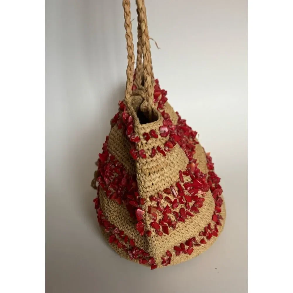 Vintage 80’s J. Crew Straw Hobo Bag with Natural Coral Stones ~ Excellent